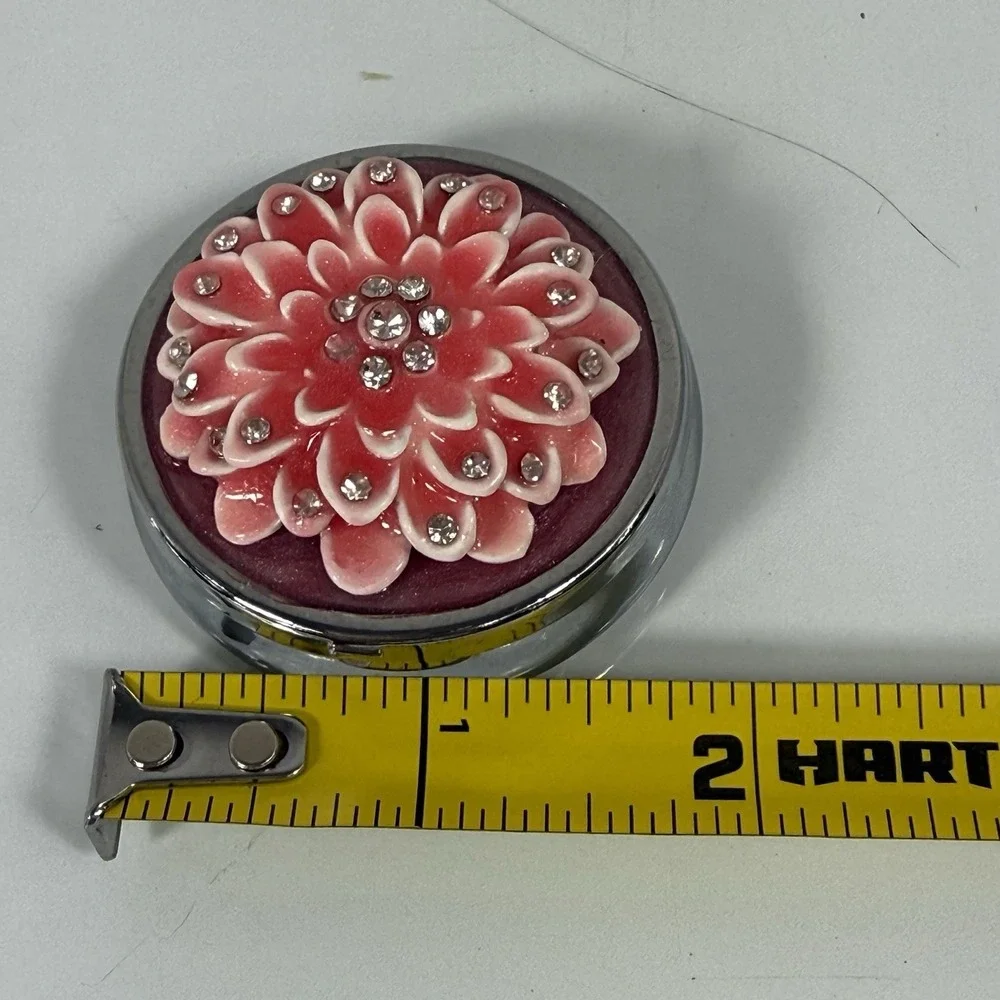 Silver Pink Flower Trinket Jewelry Ring Box Rhinestone Enamel Hinged Mirror